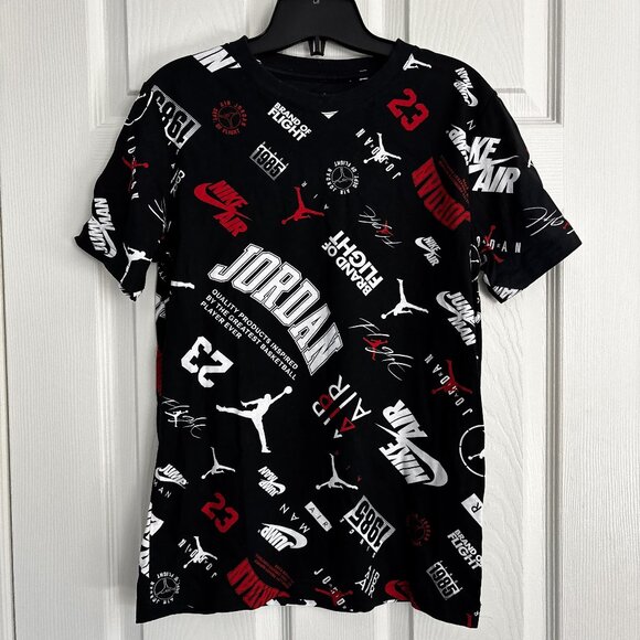 NEW: Jordan All Over Print Youth T-Shirt in Black and Red Size L 12-13 Year Old - Picture 1 of 6